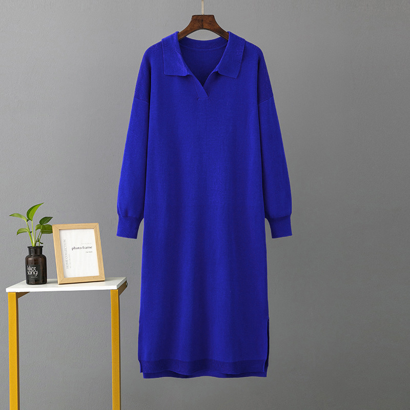 2023 Autumn/Winter new Amazon European and American Polo collar base knitted long dress, loose large-sized solid color women's dress Application Scenario