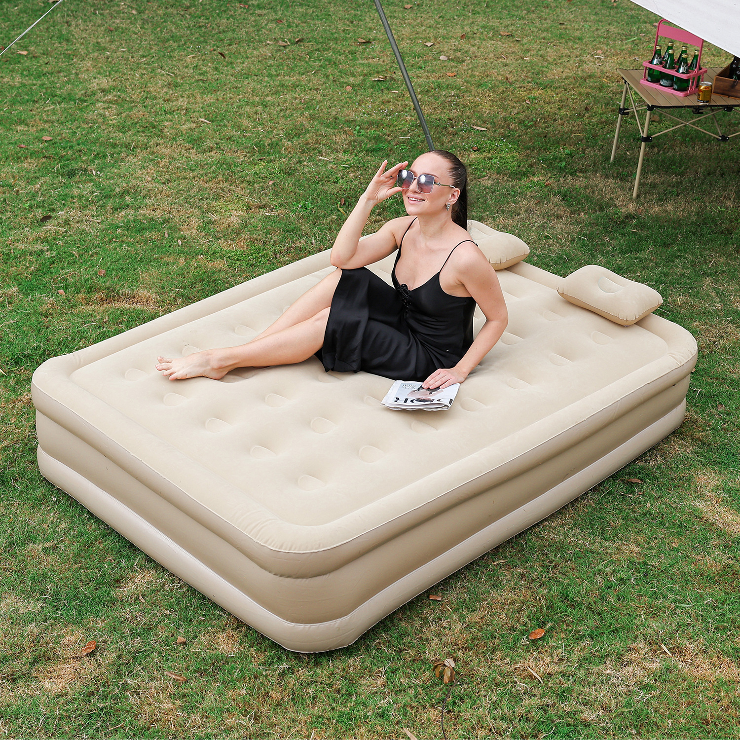 Cross-border camping folding bed, inflatable built-in pump flocking bed, height-increasing and thickening automatic inflatable mattress, outdoor double chair, inflatable cushion, lazy person's outdoor inflatable bed details Picture
