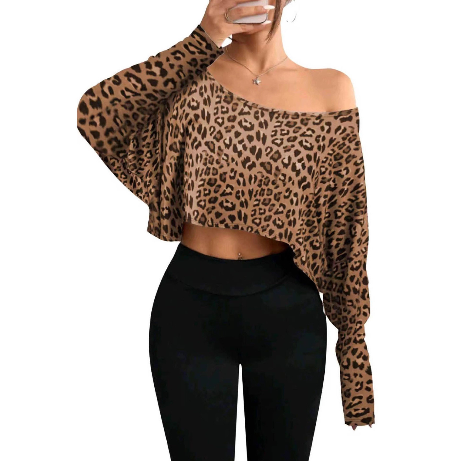 European and American cross-border Amazon AliExpress fashion one-shoulder loose base layer T-shirt, ice-cool long-sleeved spring and summer Specification drawing