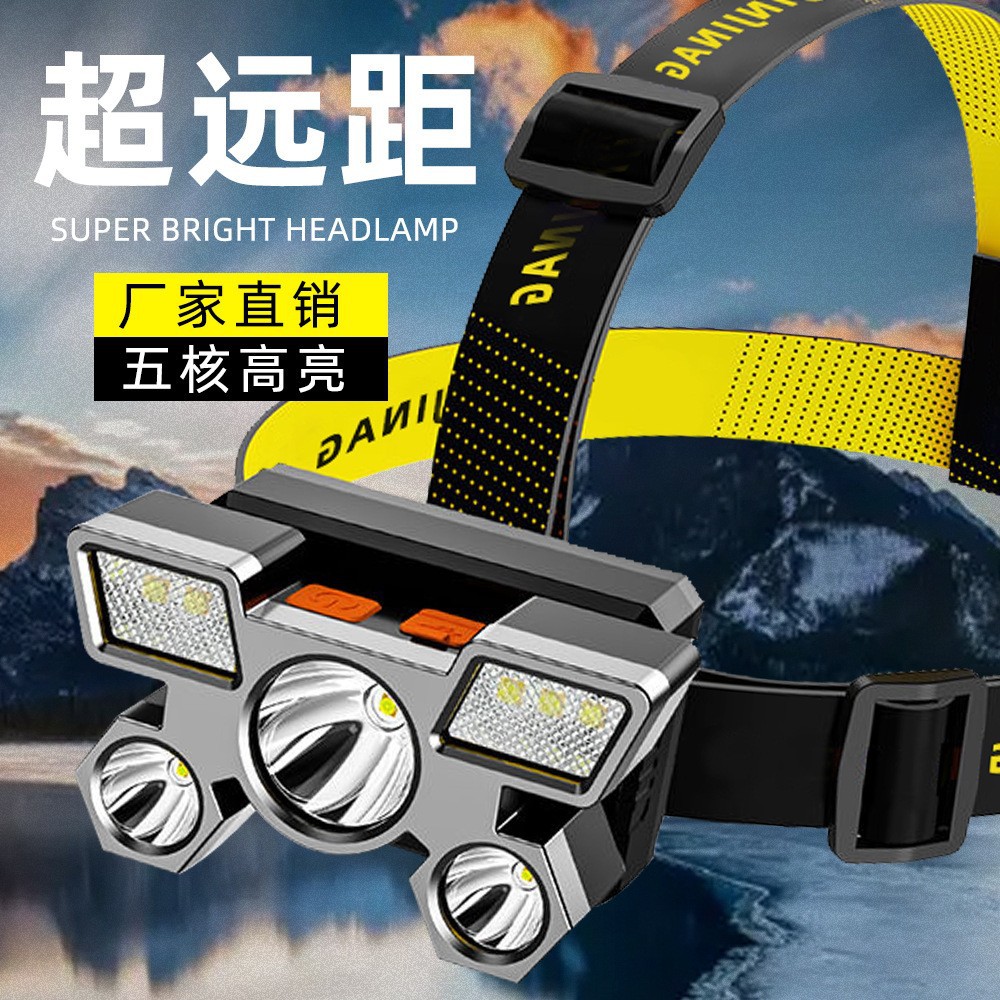 مصابيح جديدة عابرة للحدود، طراز LED ذات خمسة أضواء طائرات ذات طراز USB لإعادة الشحن، بمصابيح معدنية أمامية صغيرة في الهواء الطلق details Picture