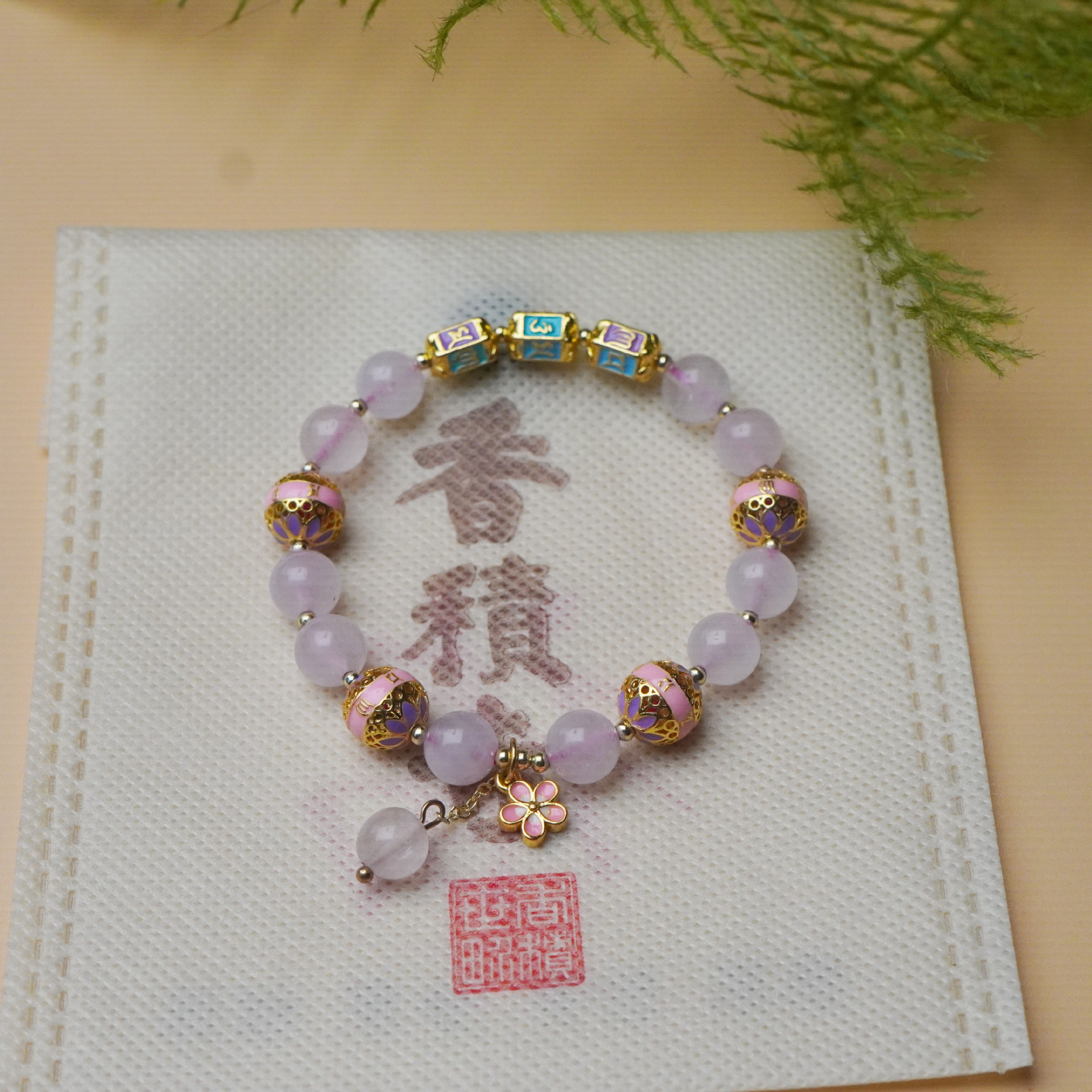 Natural rose quartz cloisonne bracelet, women's enamel bucket bead flower pendant, crystal bracelet, high-end accessory details Picture