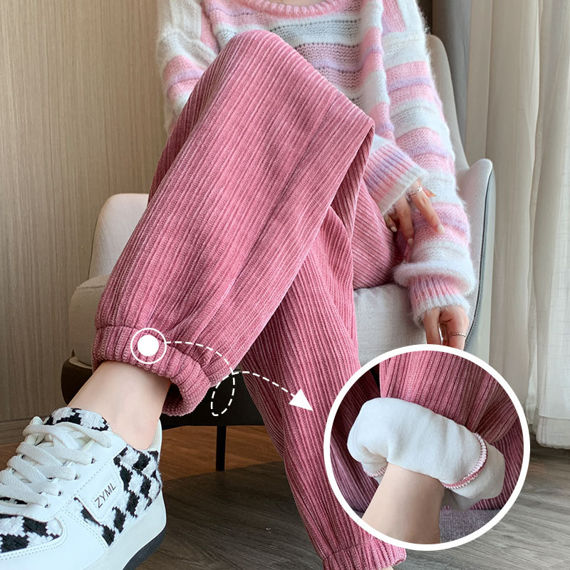 Pink corduroy pants for women's autumn and winter 2025 new style radish pants, tight-fitting nine-inch sportswear pants, casual and fleece sweatpants full figure