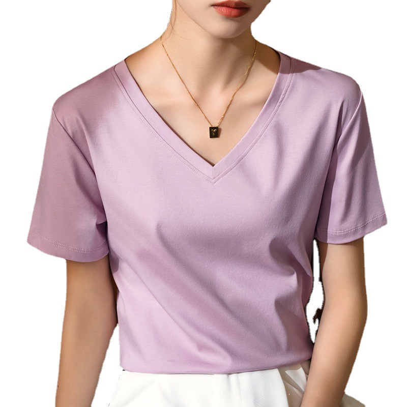 80 reverso mercerizado algodón manga corta camiseta mujer 2025 nueva mujer temperamento cuello en v cuerpo de algodón cubierta de barriga top Item Picture