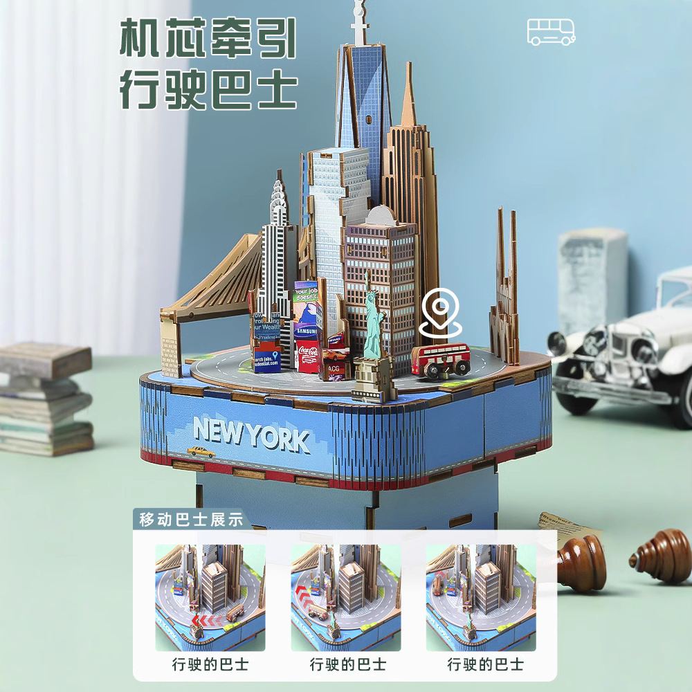 潮同时尚纽约木质八音盒高难度拼装模型立体拼图成人创意礼物批发细节图