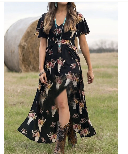 2023 Cross-border Independent Station Western Ethnic Style short-sleeved digital printed Casual Swing women's long dress details Picture