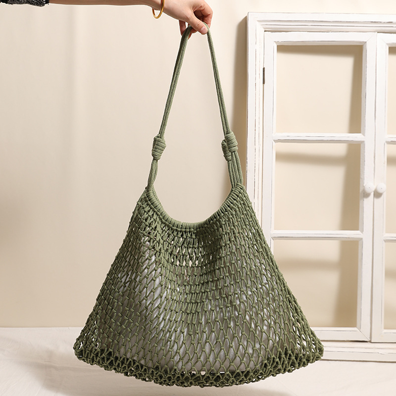 Fashionable fan-shaped large cotton thread woven bag, new large-capacity hollowed-out single-shoulder straw woven bag, beach vacation bag Specification image