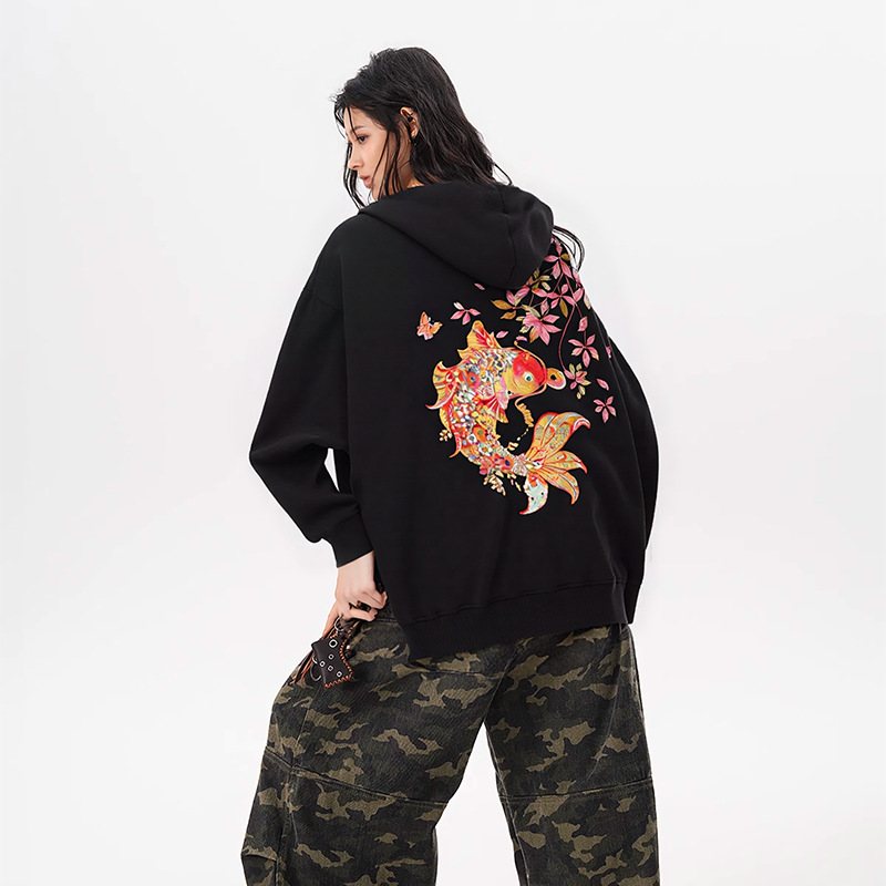 A heavyweight koi fish embroidered hooded sweatshirt for men, a Chinese-style long-sleeved, retro and loose casual top that adds the finishing touch Specification image