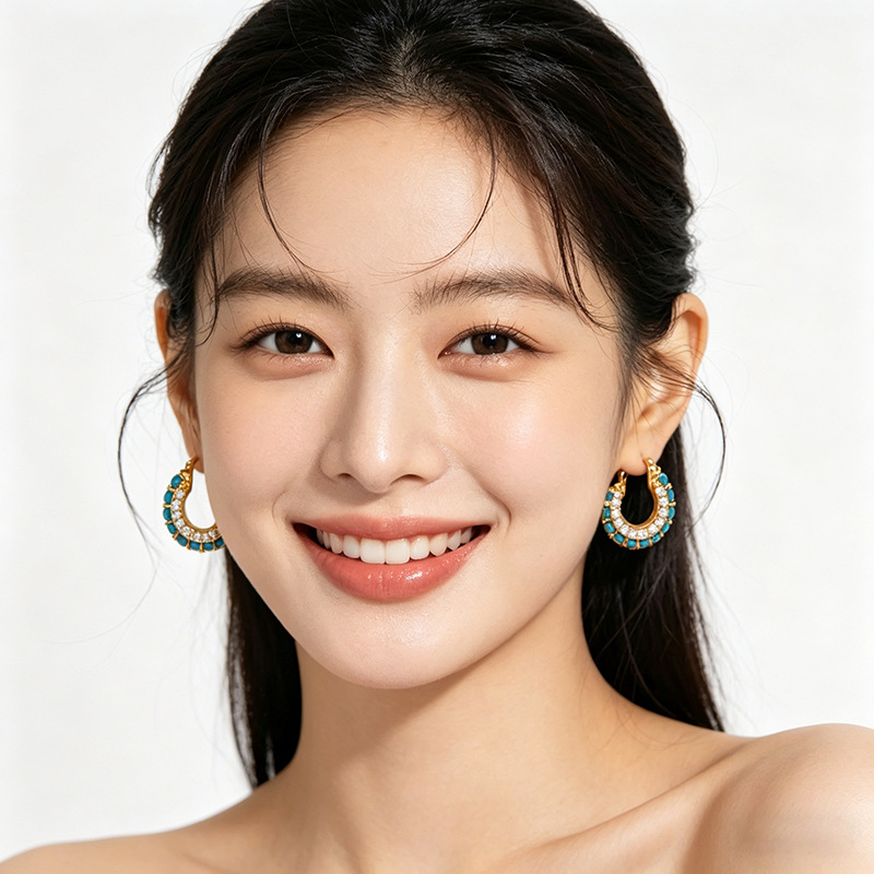 Light luxury retro imitation turquoise sparkling diamond earrings for women 2026 new style High-end earrings, unique and beautiful earrings details Picture