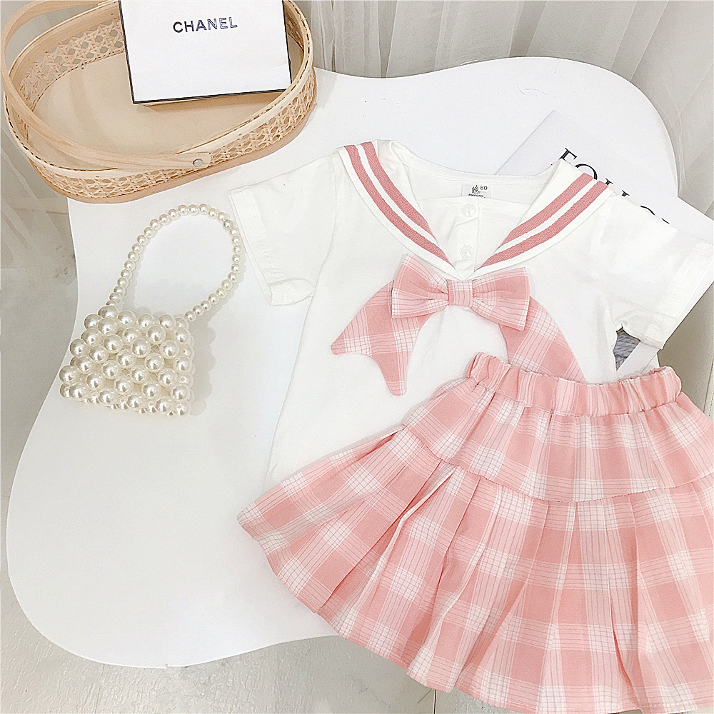 2025 New girls' clothing: grid bow T-shirt, pleated skirt, little Girls' set, Little girls' clothing Application Scenario
