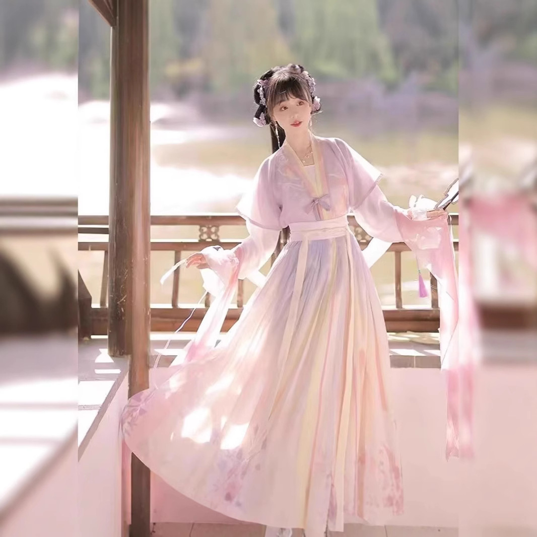 Chinese trend Hanfu women Tang 褙子 round-neck short shirt pleated skirt original waist-length Chinese style daily adult ancient costume spring and autumn complete set Application Scenario