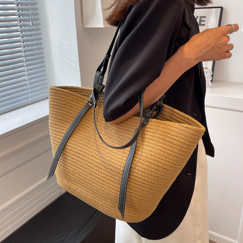 Bolsas de tejido transfronterizo de hilo de algodón bolsas de mujer bolsas de hilo grueso de mano bolsas tejidas de moda de verano bolsas de hombro multiplas vacaciones junto al mar bolsas de playa mujeres verano tote bolsas simples tote bolsas tejidas details Picture