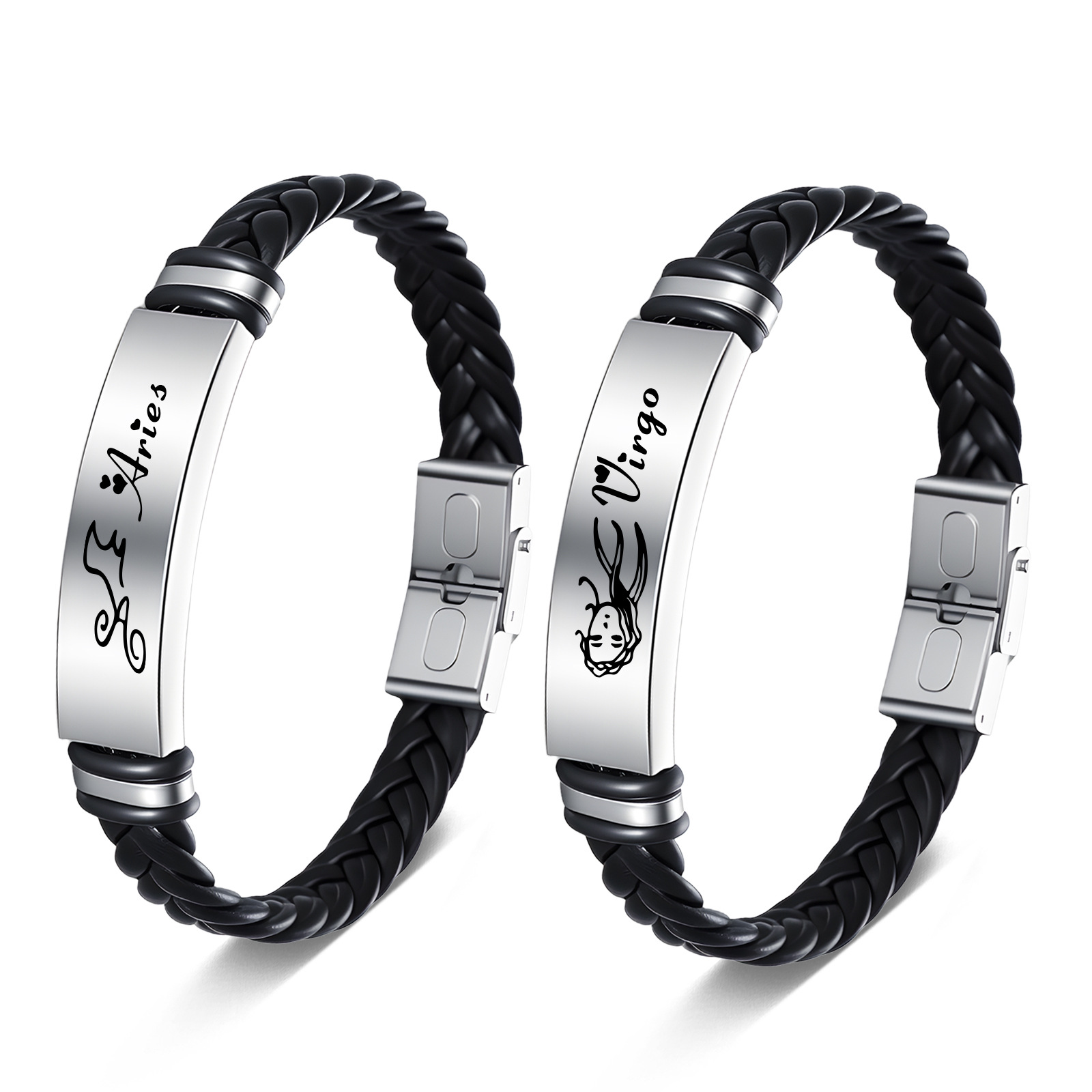 In Europe and America, there are 12 popular zodiac sign bracelets, fashionable and individual men's stainless steel leather bracelets, student couple accessories and jewelry Item Picture