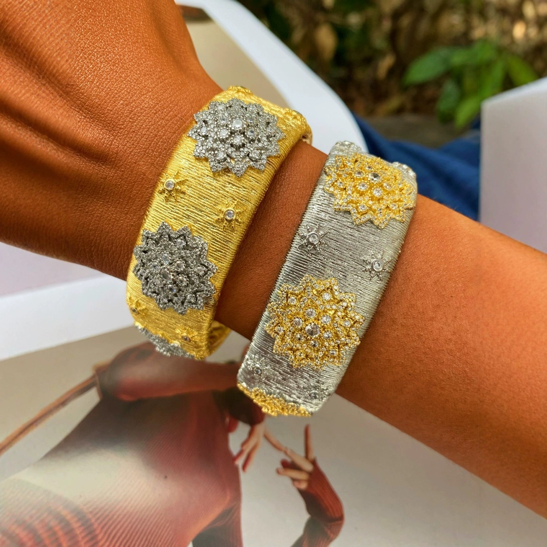 European and American retro Italian Buchi craft brushed copper, gold-plated and set with zircon ring bracelet in a color-blocked style