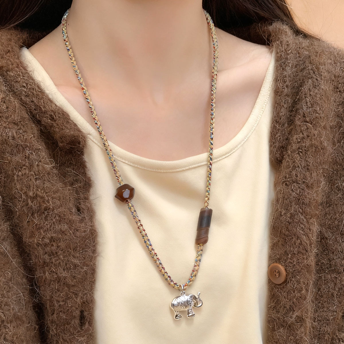 Woven colorful rope natural stone elephant pendant necklace, light luxury, niche artistic and individual, layered sweater chain accessory for autumn and winter