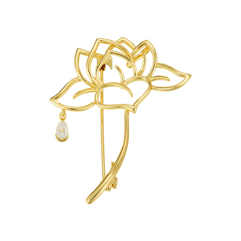 Luz lujo calado loto broche aleación de cobre oro real galvanoplastia circonitas colgante pin niche alto sentido vestimenta broche Item Picture