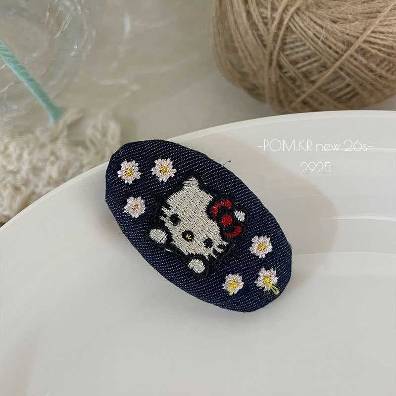 New Korean-style oval denim embroidered kt hair clip, children's fabric handmade bye-bye clip, sweet and versatile side clip hair accessory Item Picture