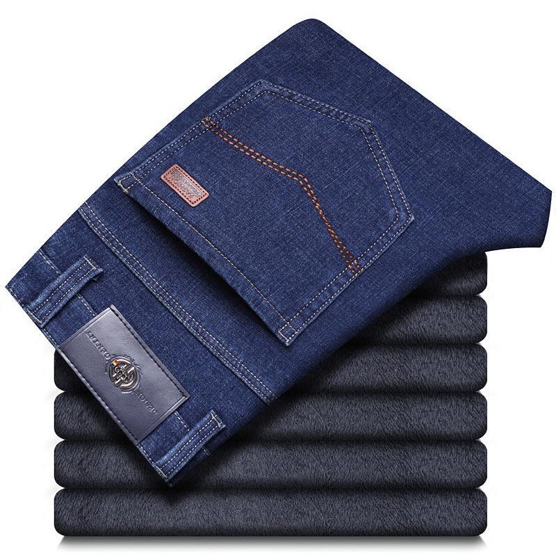 Autumn and winter jeans for men, mid-waisted straight leg, slim stretch, fleece thickened, loose business casual men's pants for middle-aged Item Picture