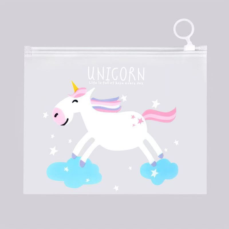 Cartoon rainbow unicorn file bag, student stationery storage bag, self-sealing bag, data organization ring pull edge bag Specification image