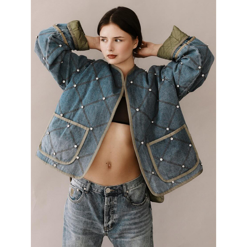 European and American cross-border denim patchwork quilted and diamond-stitched women's autumn fashionable, warm and trendy lightweight cotton-padded jacket MG600 details Picture
