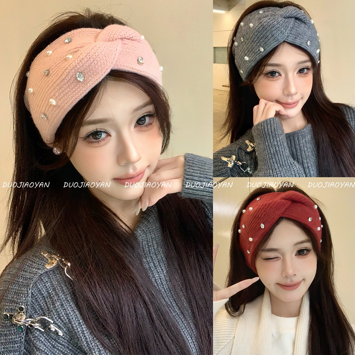 A fashionable and warm knitted cross headscarf featuring a new autumn and winter pearl woolen hair band with elastic edges for cold protection Specification drawing