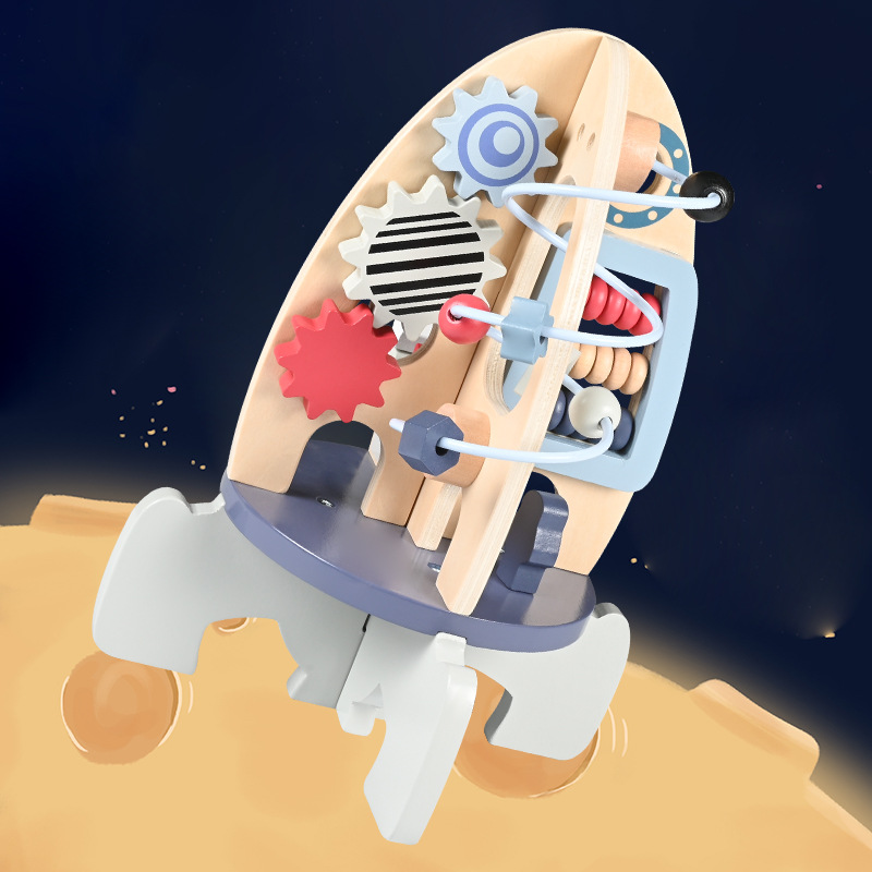 Cross-border children's wooden space rocket beaded wooden baby Montessori multi-functional educational toys for early learning details Picture