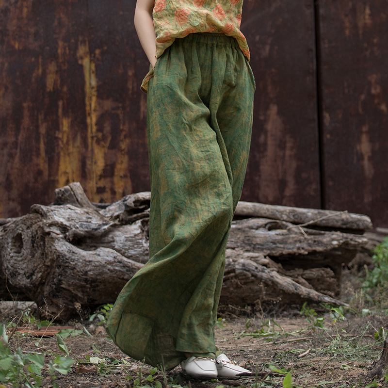 Spring ramie vintage casual pants, cotton and linen women's wide-leg pants with drape, floor-length high-waisted slimming skirt pants wholesale Specification image