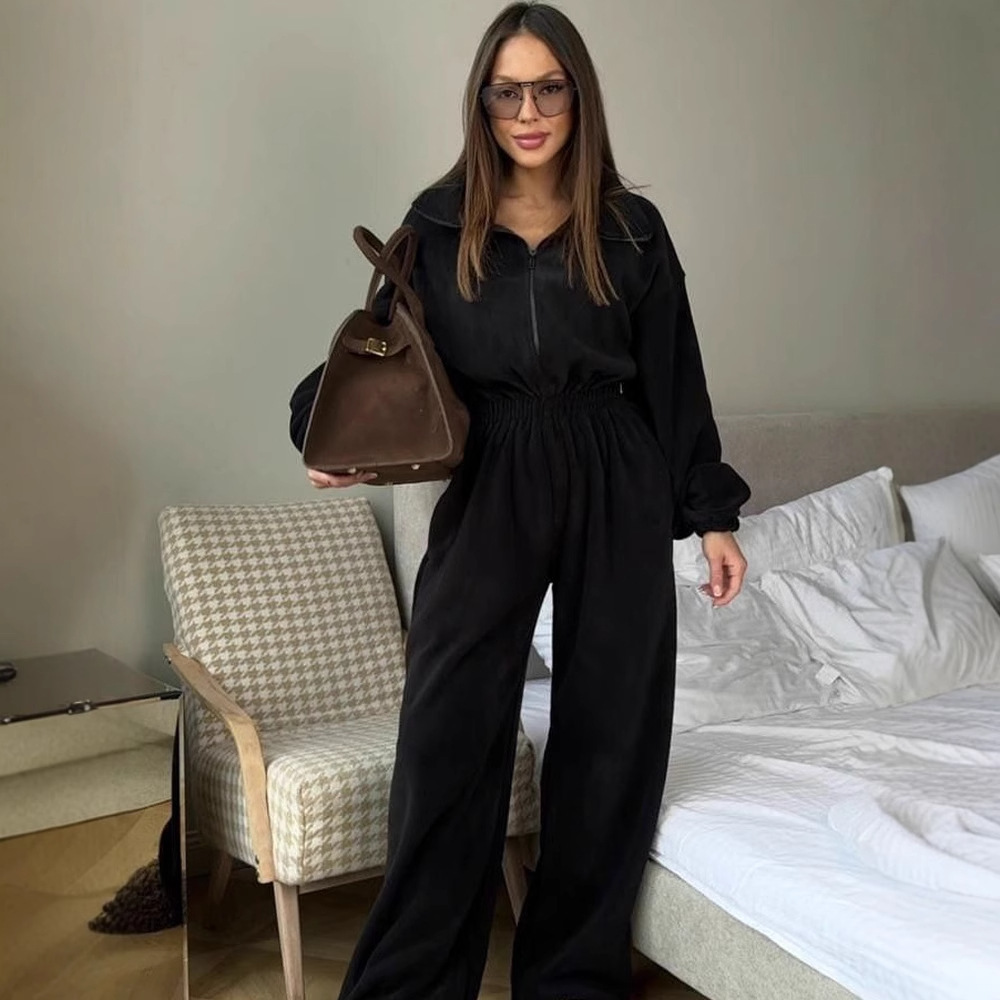 The new fashionable long-sleeved jumpsuit for women from European and American Spring and Autumn Women's Clothing, a casual semi-open-collar stretched-waist jumpsuit Specification drawing