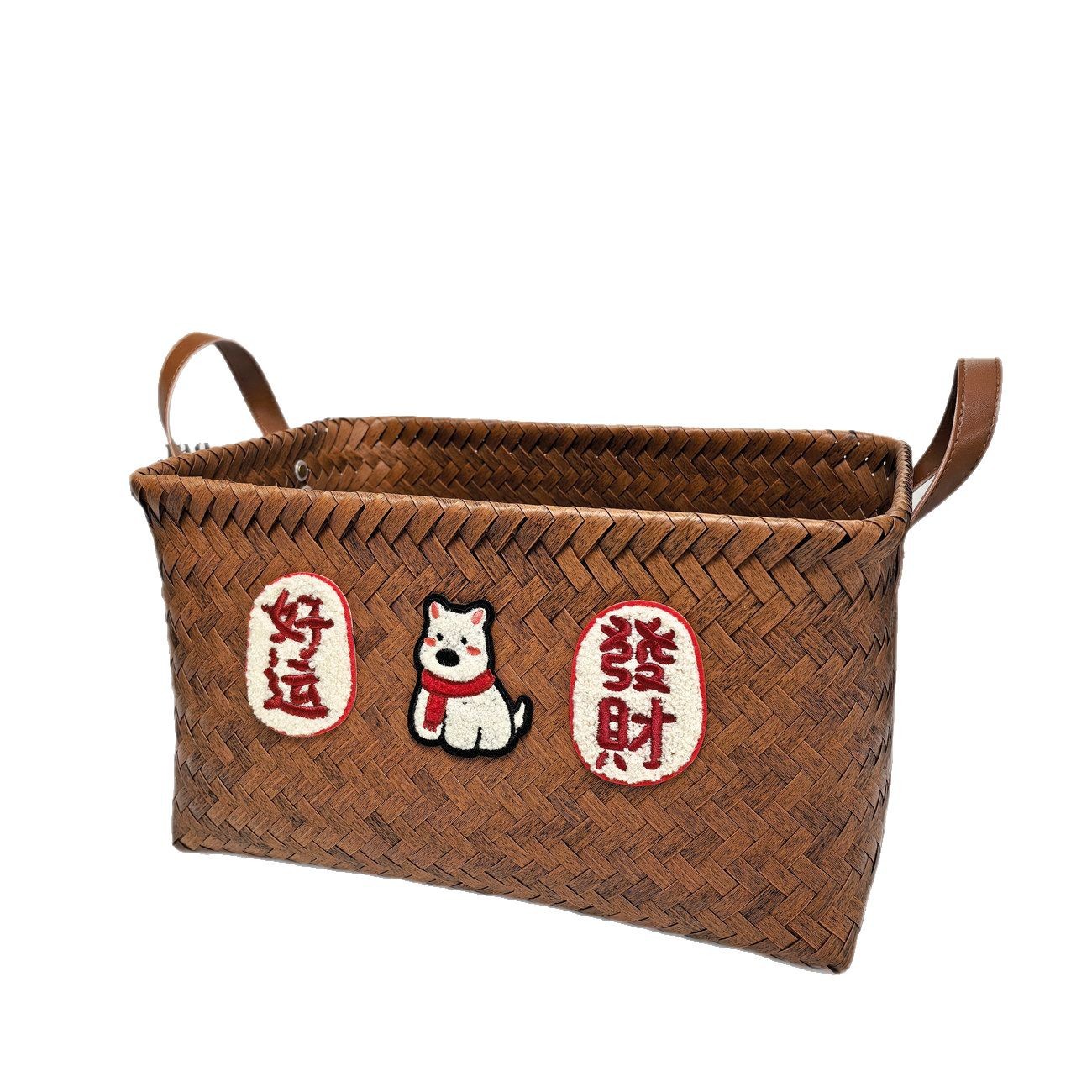 American-style high-end storage basket, dirty clothes basket, popular imitation rattan woven PU handle laundry bucket, snack and toy dirty clothes basket Item Picture