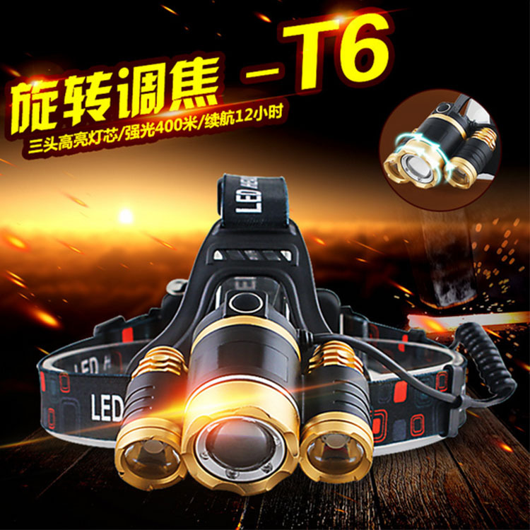 Cross-border 5-lamp burst zoom 3LED charging strong light head lamp charging T6 focusing aircraft lamp head-mounted aircraft headlight details Picture