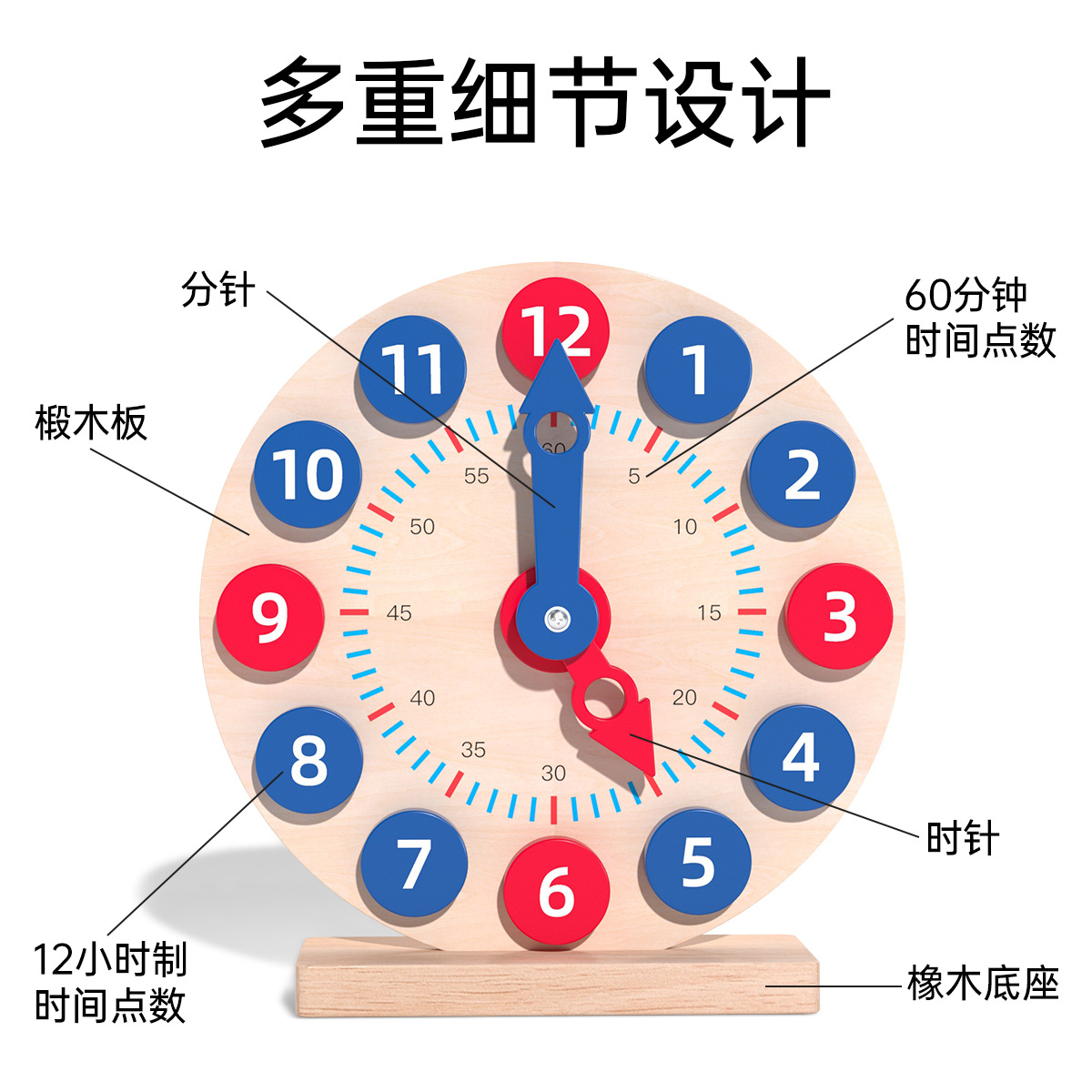 木制蒙氏数字教具组合儿童钟表认知训练玩具细节图