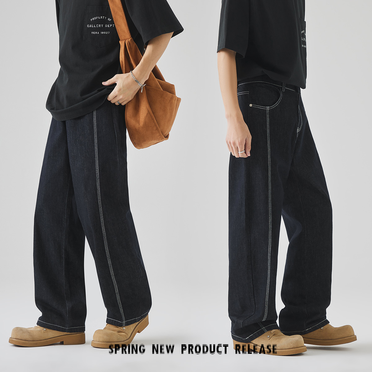 APO Men's Wear: 2025 New Spring American straight-leg yarn-dyed jeans for men, high street style, cool and trendy loose trousers Specification image