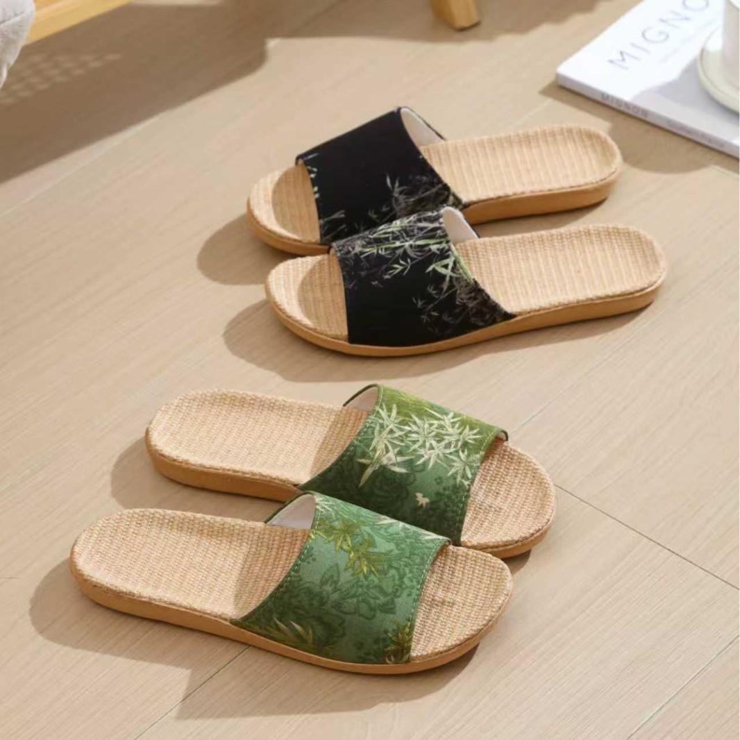 国潮新款竹子布艺新款亚麻拖鞋女室内软底防滑家居凉拖鞋产品图