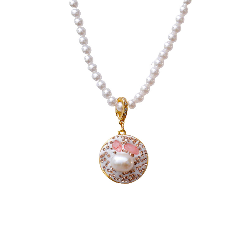 Hyacinth round pearl necklace, women's fashion, light luxury, pink all-purpose pendant, new Chinese style, super ethereal charm, enamel drop glaze Item Picture