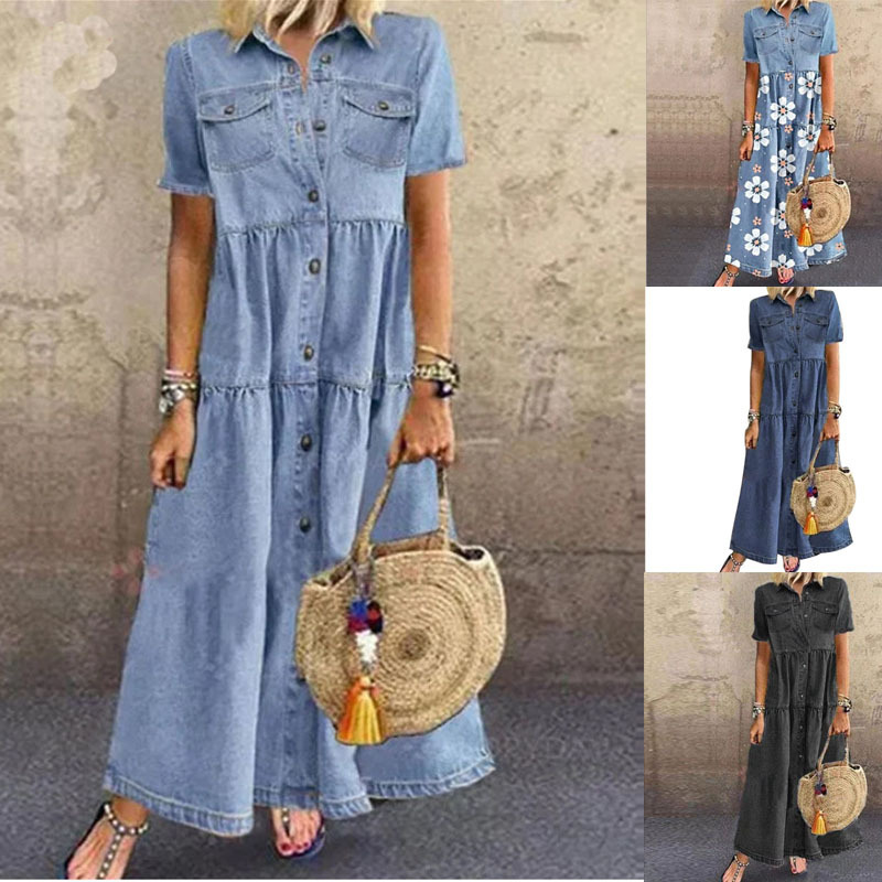 A long, multi-button, distressed denim dress from the independent station of Amazon's cross-border Express to Europe and America full figure