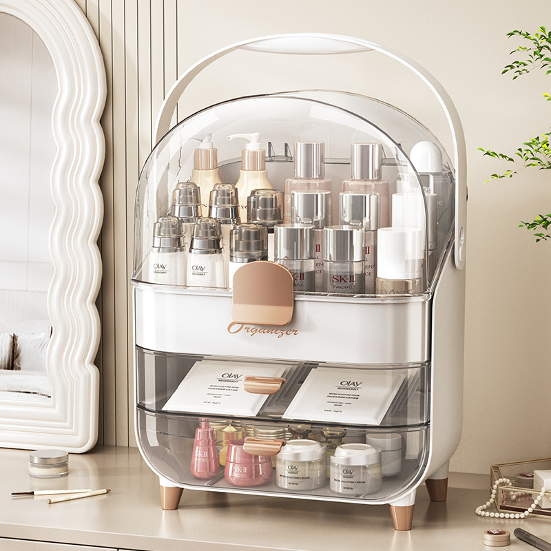 Light luxury cosmetics storage box, high-end, large-capacity dust-proof lipstick, mask and skin care products storage display stand, hand-held Application Scenario