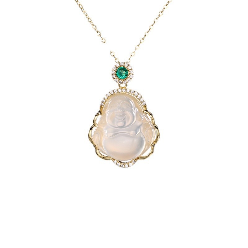 Buddha Gong necklace accessory for women's light luxury niche collarbone chain 2026 New style white chalcedony pendant high-end sweater necklace Item Picture