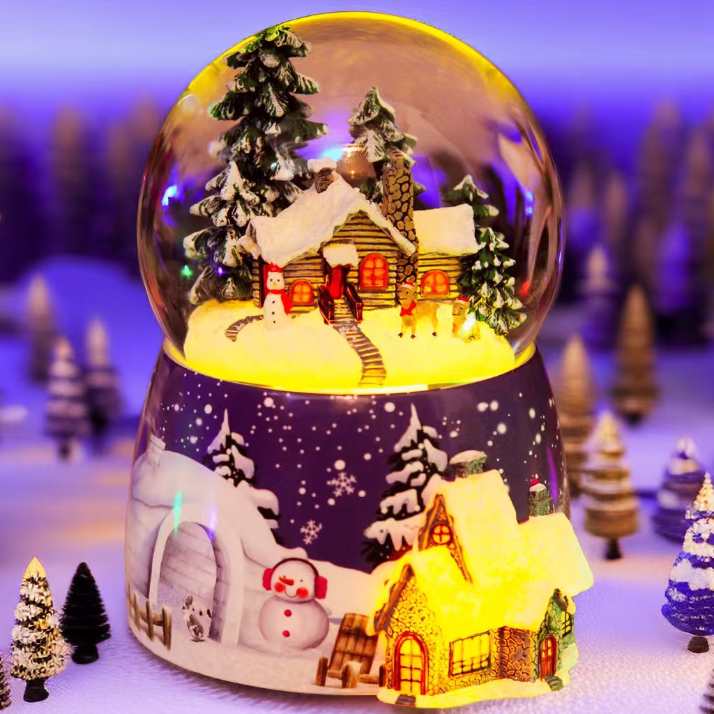 Customized Christmas crystal ball music box, automatic snowfall and glowing music box, creative birthday gifts for men and women details Picture