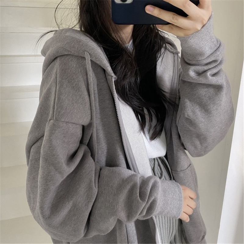 European and American cross-border trade autumn and winter zipper hooded sweatshirt for women, loose cardigan top, thickened fleece solid color coat details Picture