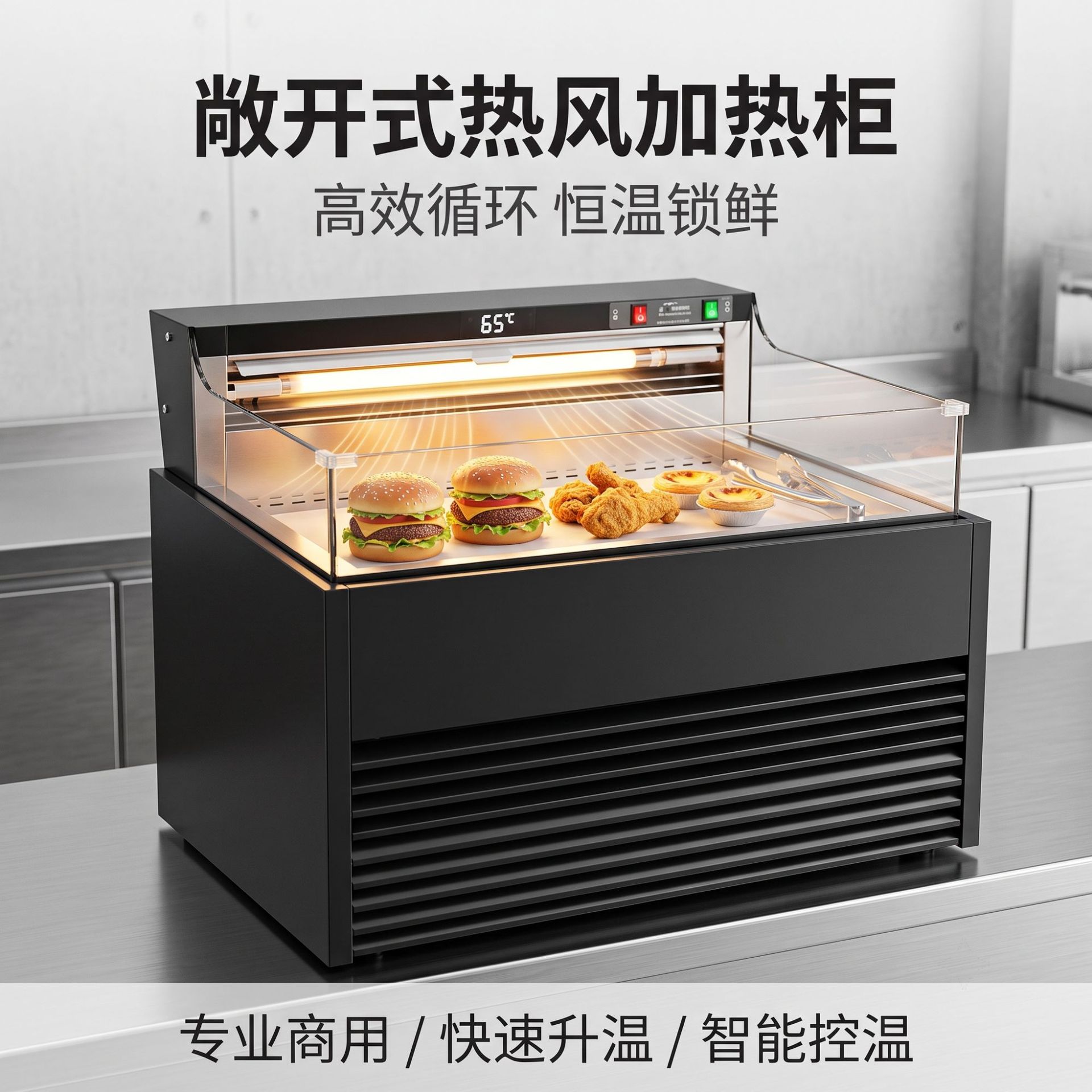 Commercial vertical open hot air circulation insulation cabinet with digital display temperature control for cooked food, fried chicken and hamburger display cabinet