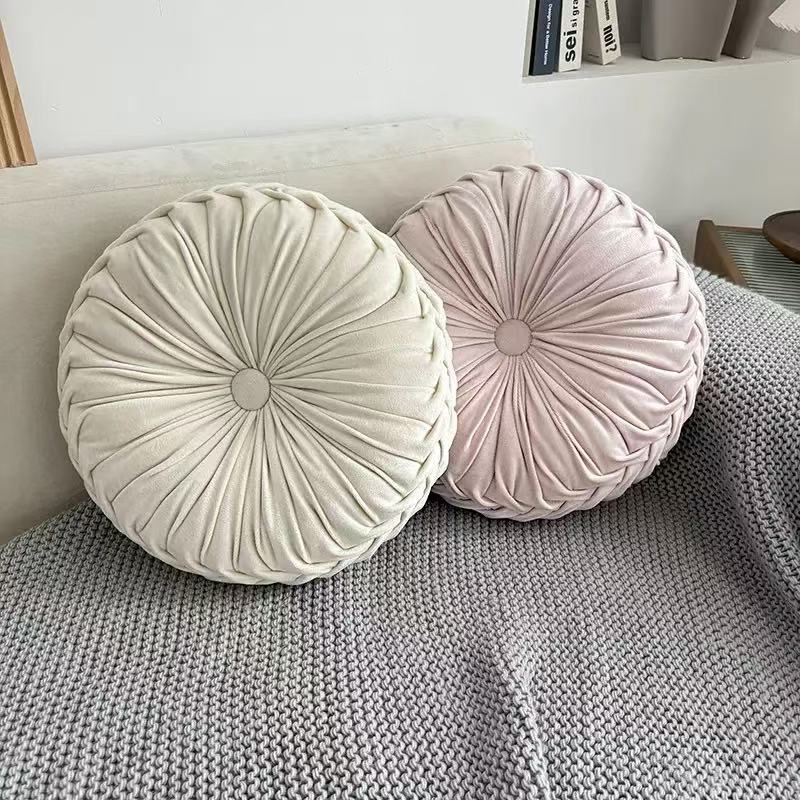 Cross-border light luxury round hand-sewn pleated cushion, Nordic pumpkin wheel throw pillow, tatami bay window round cushion details Picture