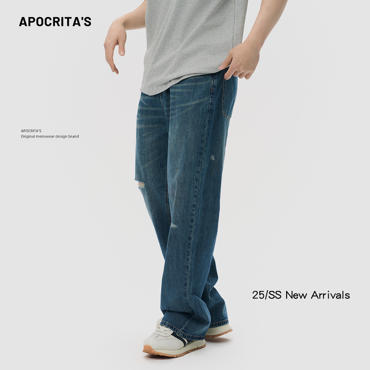 APO men's Wear: American high street ripped washed jeans for men, a high-end trendy brand with a cool and stylish vibe, loose straight-leg long pants details Picture