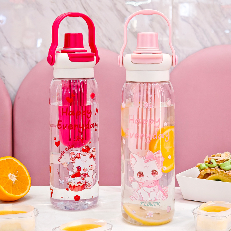 新款卡通水杯大容量耐高温轻奢高颜值塑料杯双饮茶水分离运动杯子