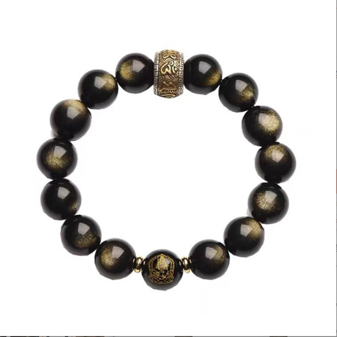 Factory direct sales of genuine natural obsidian bracelets, men's golden obsidian bracelets, men's and women's zodiac year snake prayer beads Item Picture
