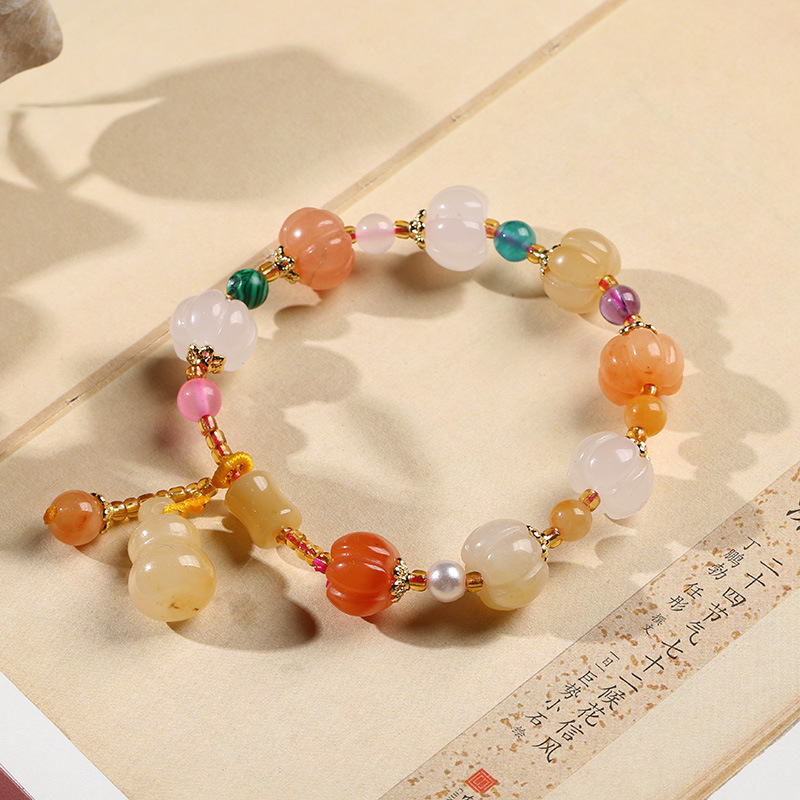 High-end natural Xinjiang golden thread jade bracelet couple style, ethnic style pumpkin beads, bamboo joint hanging gourd, yellow jade hand Specification image