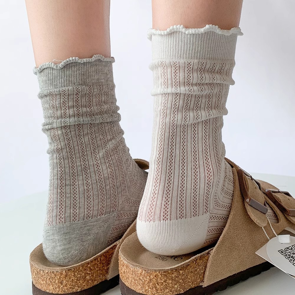 Ballet-style lace pile socks for women's summer, thin mid-calf breathable mesh boneless Japanese jk socks details Picture