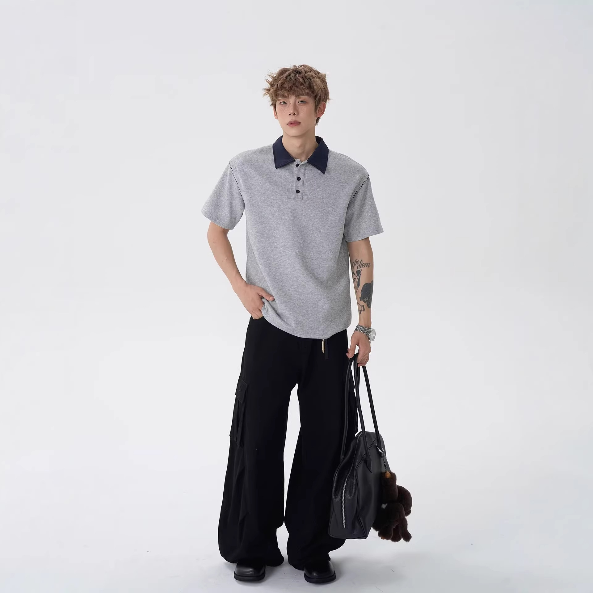 Spring loose patchwork, versatile design, casual and niche T-shirt top, American high-end short-sleeved POLO shirt for men Specification image