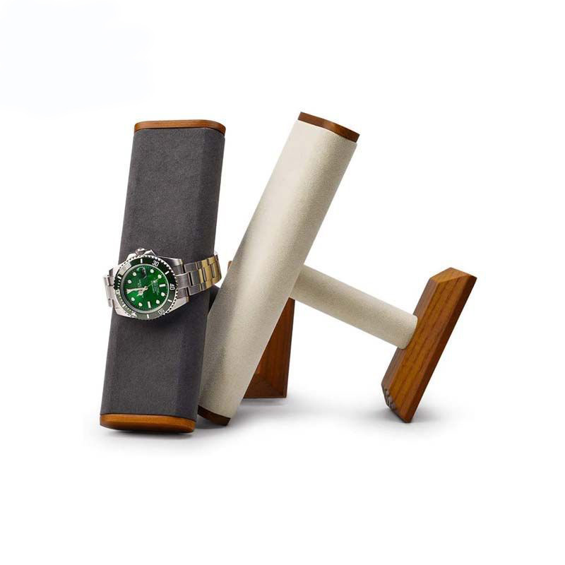 定制实木仿皮绒扁管封口木塞工字架手表展架黑色pu皮绒米色手链架