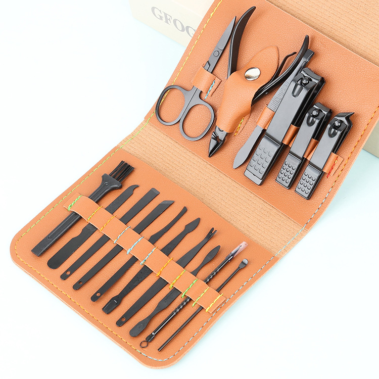 Folding leather case set of 16 pieces, nail clipper set, blackening dead skin pliers, nail clipper case, manicure tools