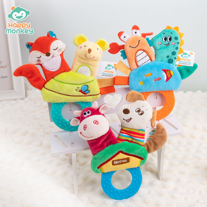 Happy monkey Animal Finger Puppet toy Baby Grasping Training rattle with baby teething ring bite Fun details Picture