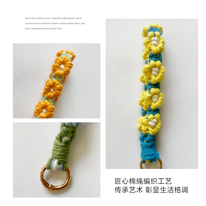 High-end woven keychain, Daisy flower color-blocking key chain, bracelet, pendant, mobile phone chain, Bohemian style details Picture